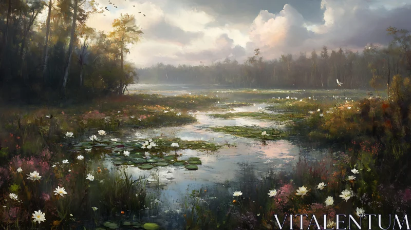 Serene Swamp Landscape with Water Lilies AI Image