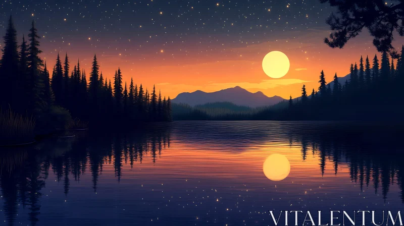 Serene Lake Sunset Reflection with Starry Night AI Image