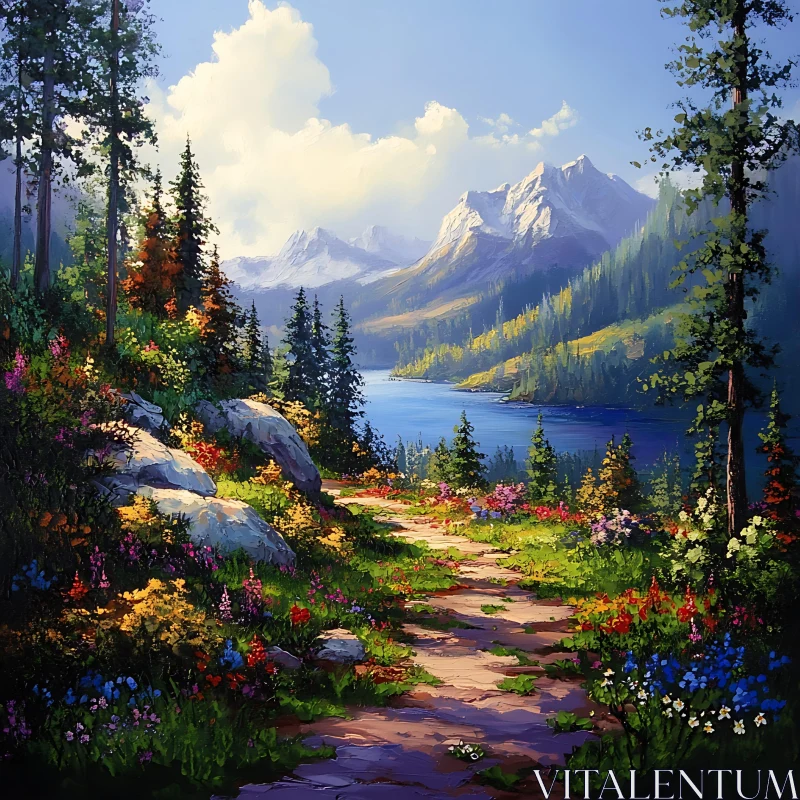 Tranquil Mountain Landscape with Lake and Path AI Image