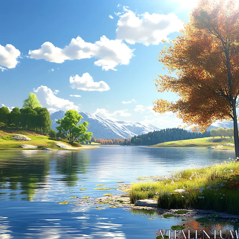 AI ART Peaceful Lakeside with Mountain Reflections