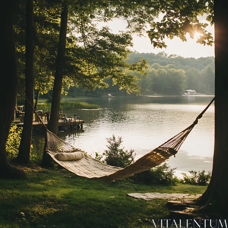 Peaceful Lake with Hammock and Trees AI Image