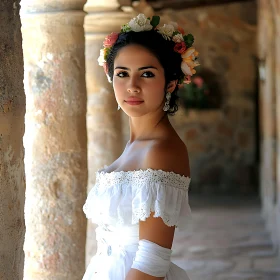 Serene Woman with Floral Headpiece by Rustic Columns