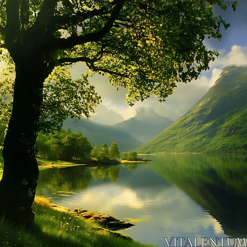 Peaceful Lakeside View with Lush Mountains AI Image