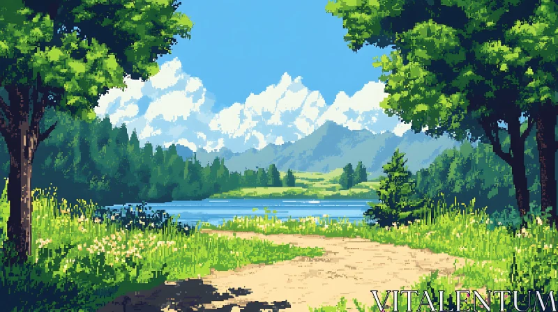 Tranquil Nature Scene in Pixel Art: Lake, Forest, and Mountains AI Image