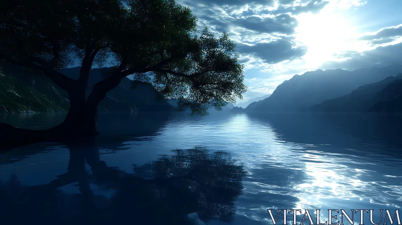 Tranquil Lake Landscape with Sunlit Tree AI Image