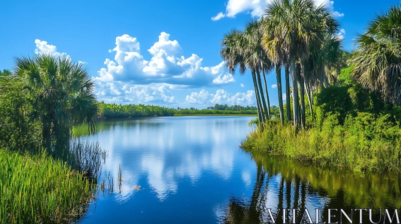 Peaceful Lake Scene with Palm Trees and Reflections AI Image