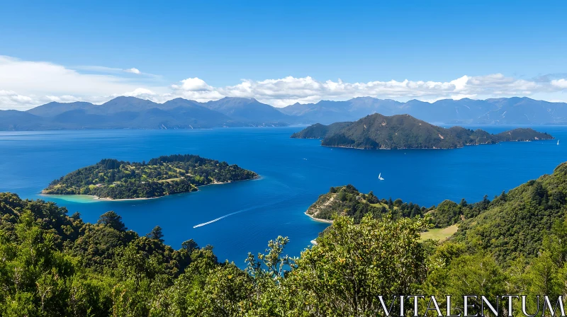 AI ART Panoramic View of Forested Islands in Clear Blue Sea