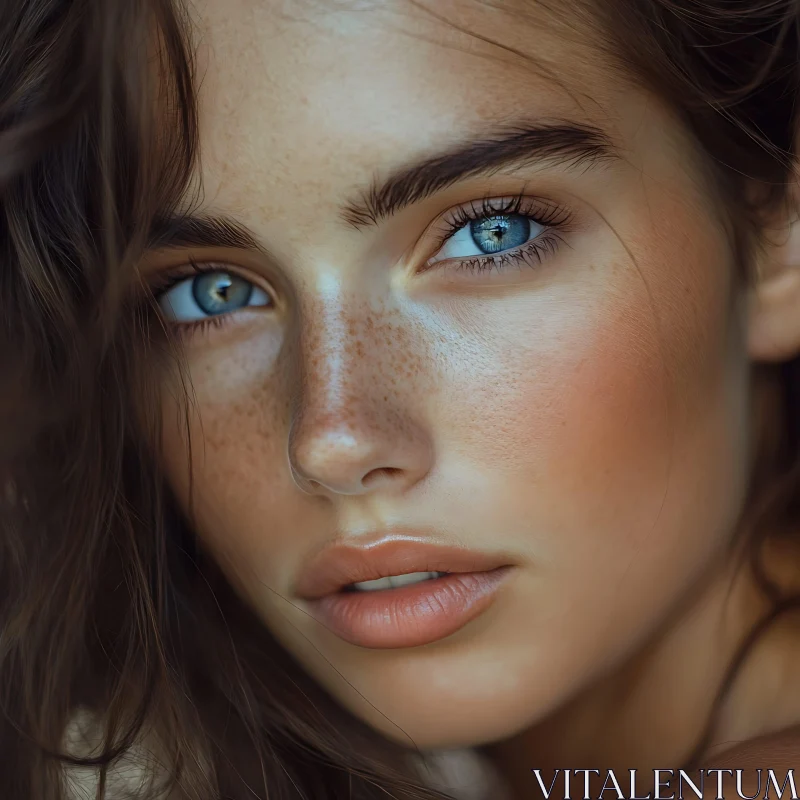 Serene Portrait of a Woman with Blue Eyes and Freckles AI Image