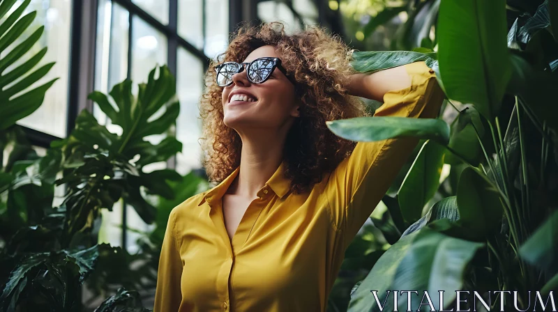 Joyful Woman Amidst Green Leaves in Greenhouse AI Image