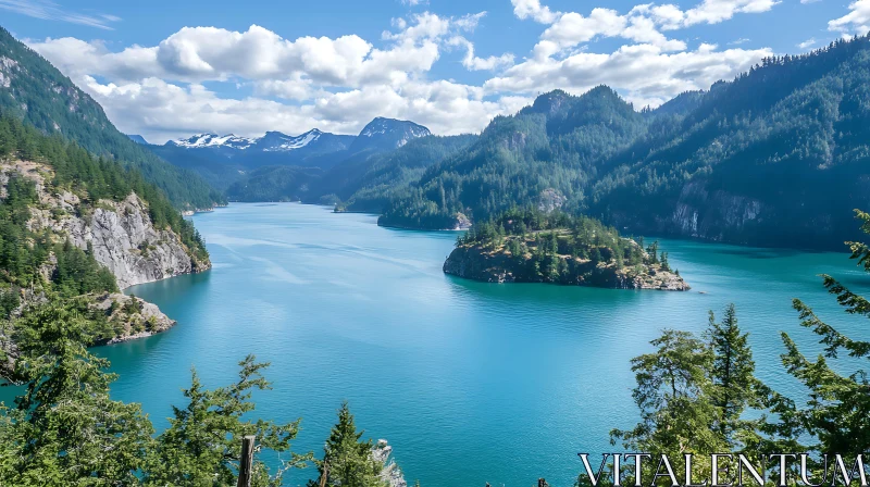 Tranquil Lake with Mountainous Forest and Island AI Image