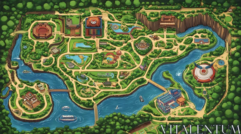 Illustrated Adventure Park Map with River and Attractions AI Image