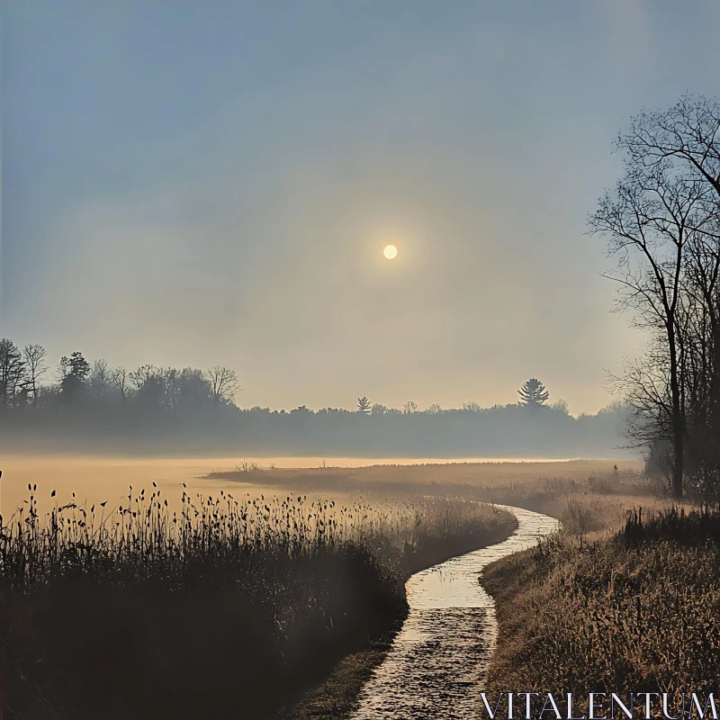 Dawn Pathway in a Foggy Field AI Image