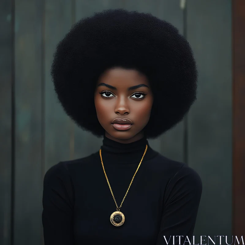 Bold Portrait of Woman with Afro and Gold Necklace AI Image