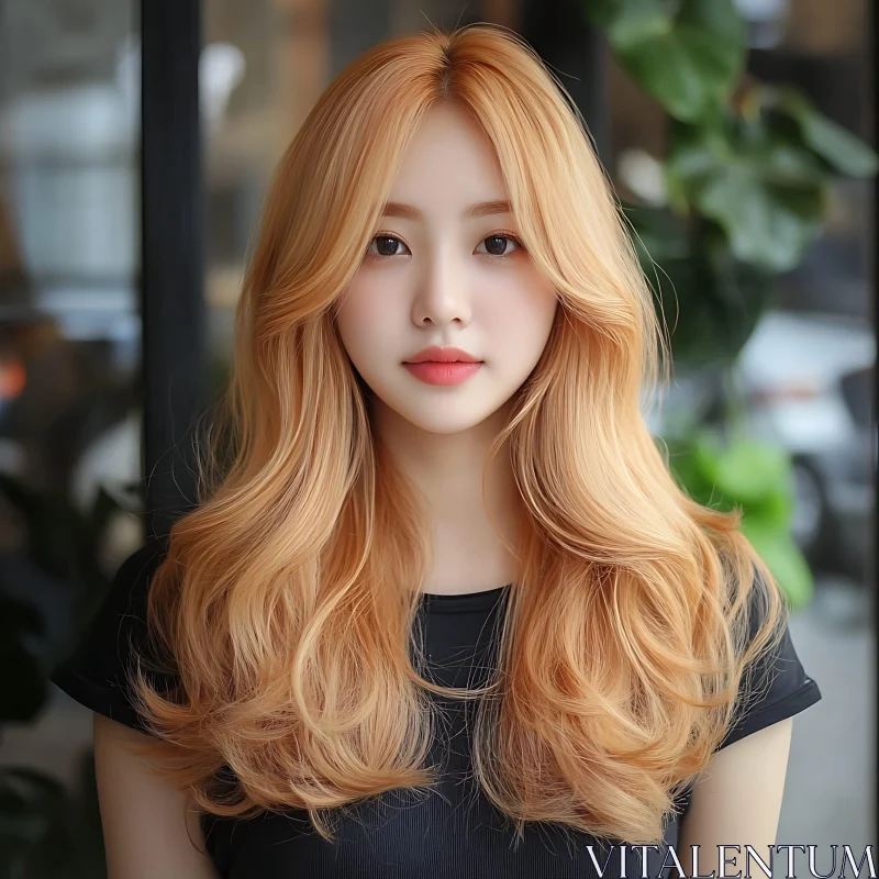 Woman with Wavy Blonde Hair in a Black Top AI Image