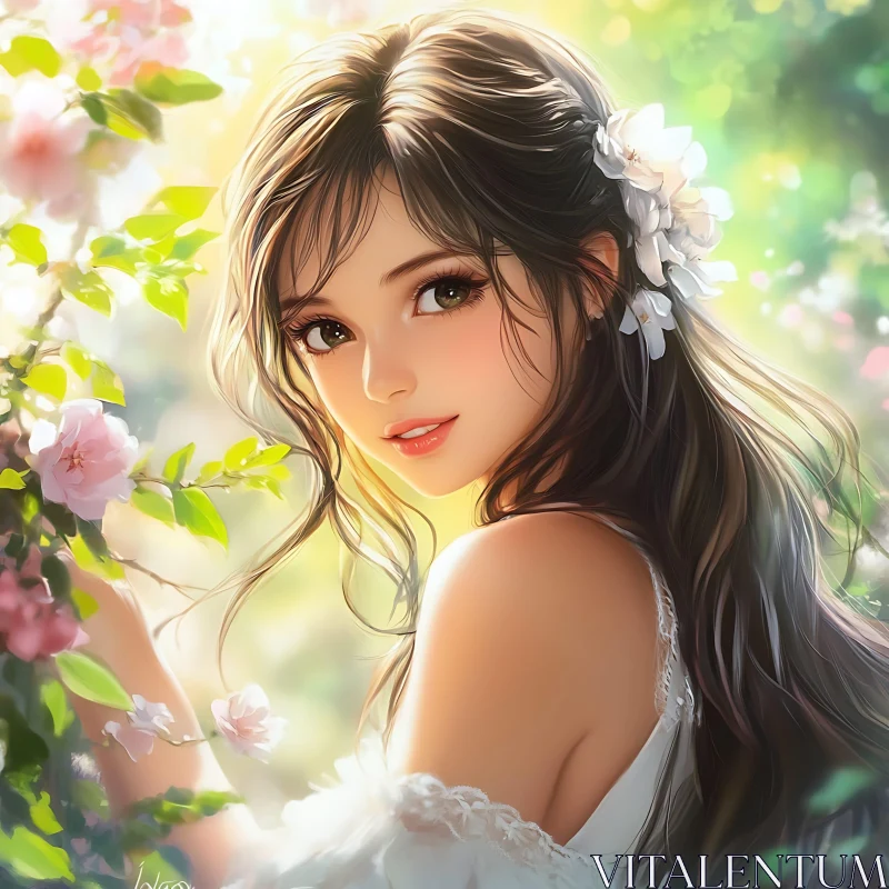 Anime Girl Surrounded by Flowers AI Image