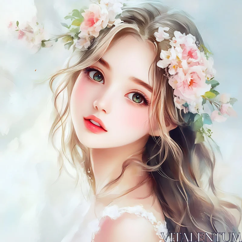 Elegant Floral Adorned Female Portrait AI Image