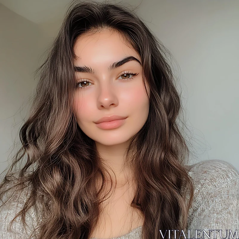 Close-up of a Woman with Natural Beauty in Grey Sweater AI Image