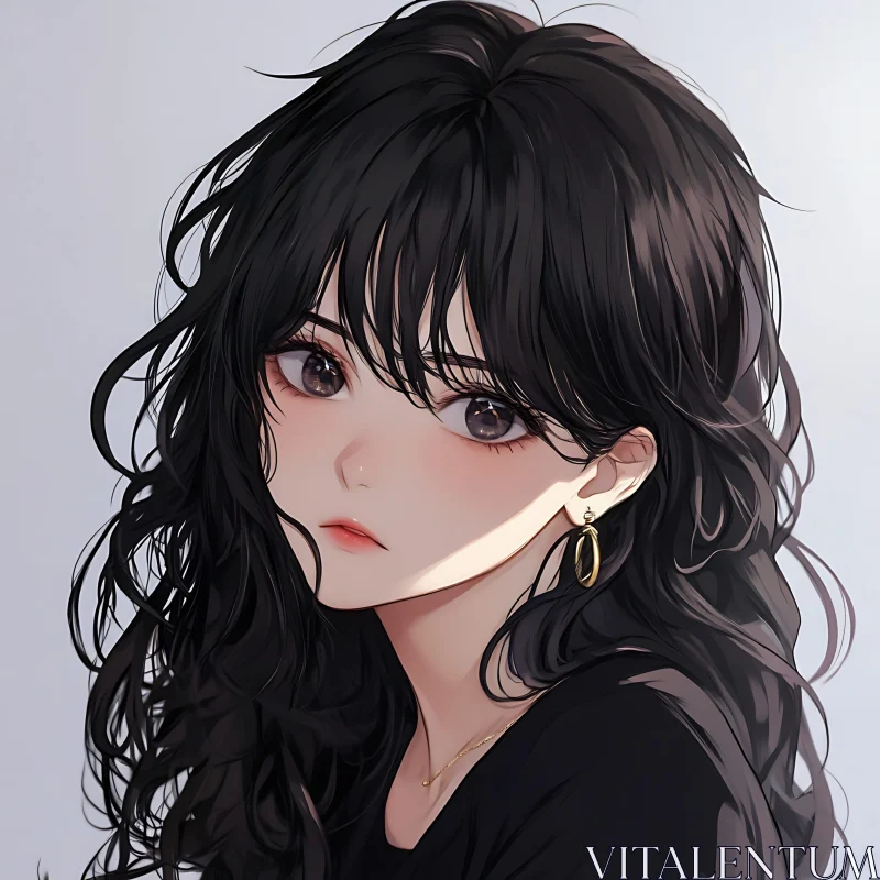 Anime Artwork of Girl with Black Hair and Gold Jewelry AI Image