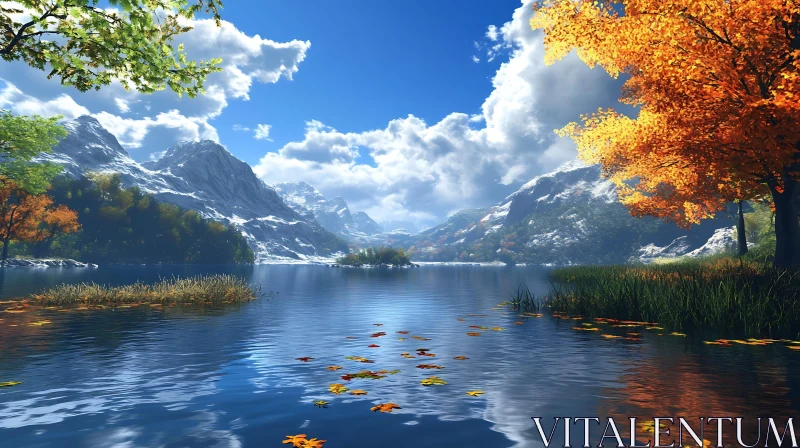 Autumn Lake with Snowy Peaks and Vibrant Foliage AI Image