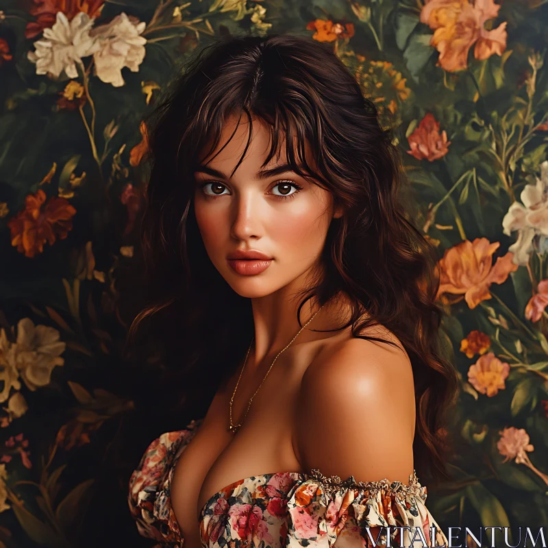 AI ART Beautiful Woman with Floral Background