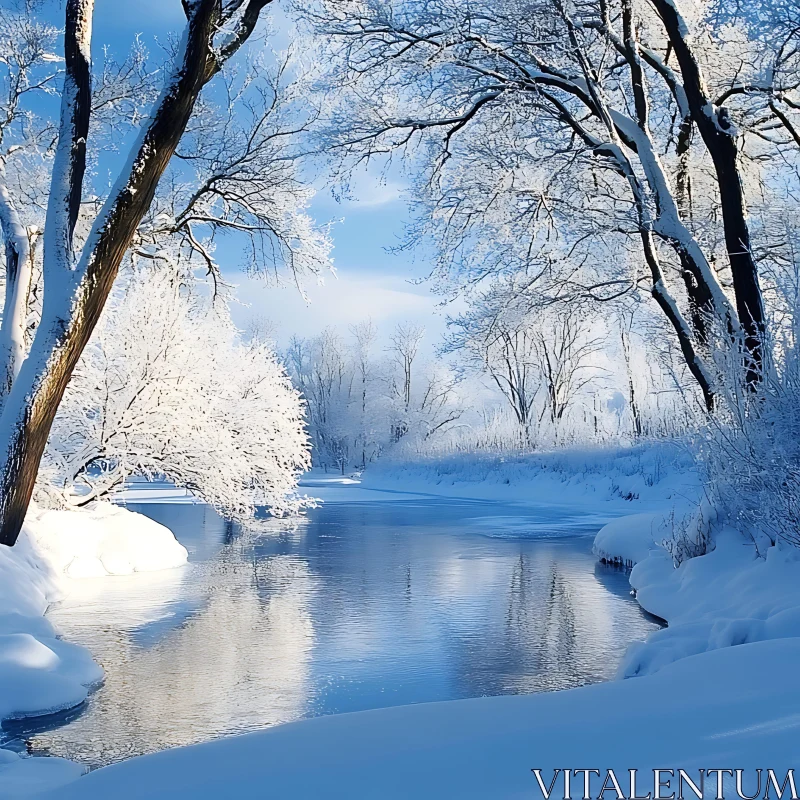 AI ART Serene Winter River with Snowy Trees