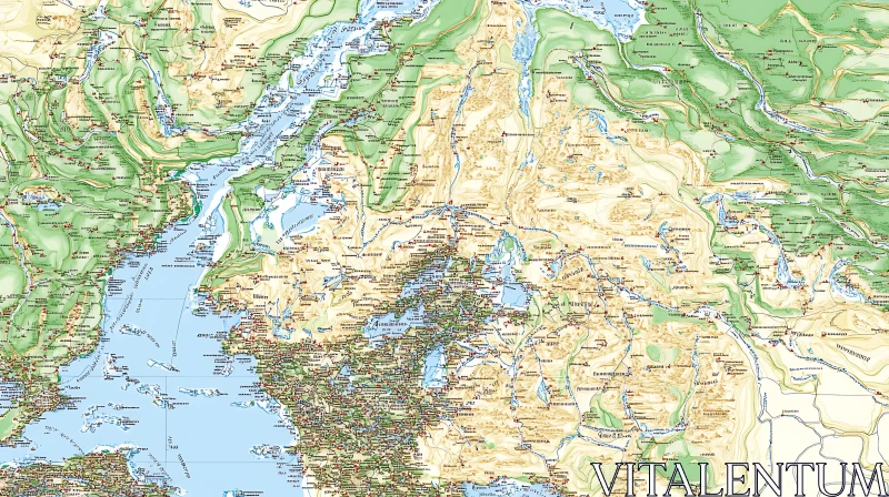 Topographic Map Highlighting Mountains, Rivers, and Urban Areas AI Image