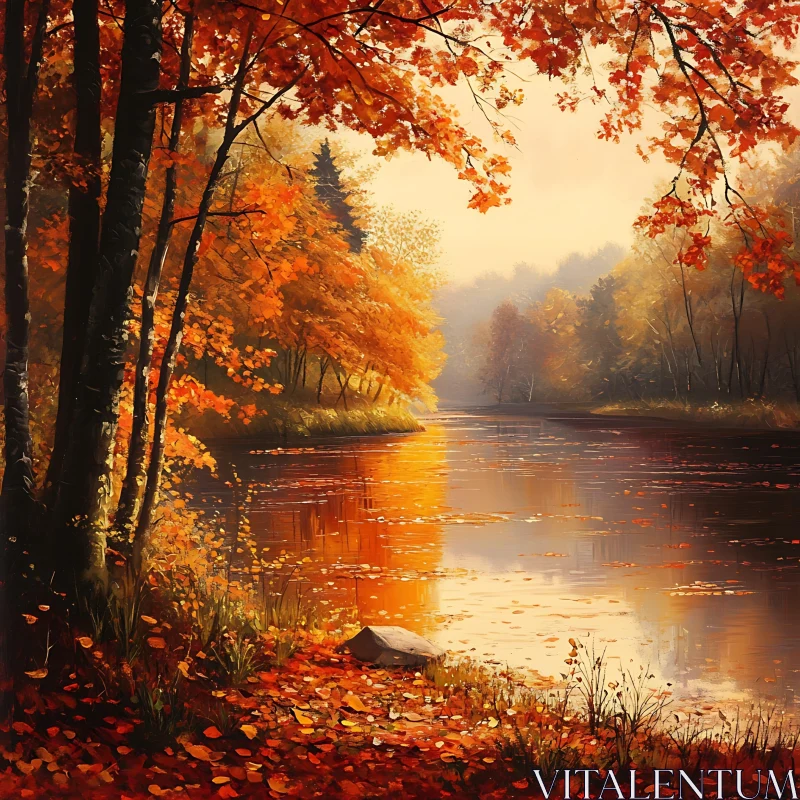 Tranquil River in Autumn with Fall Colors AI Image