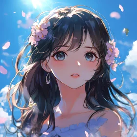 Whimsical Anime Girl with Petals in Hair