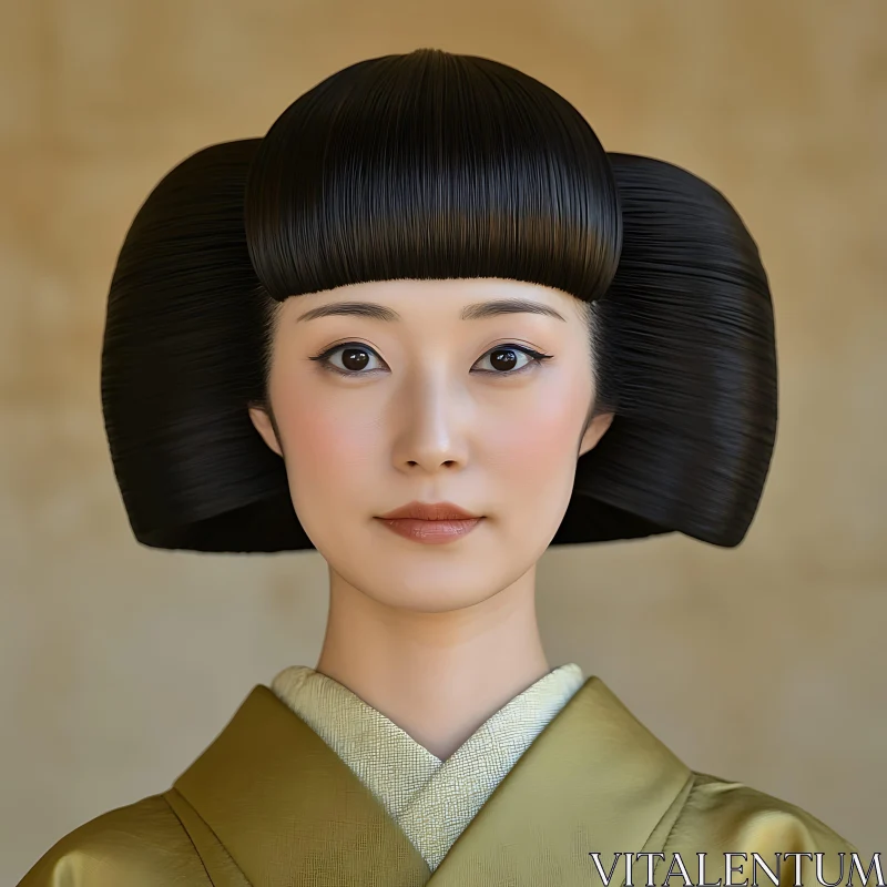 Portrait of a Woman in Traditional Attire and Unique Hairstyle AI Image