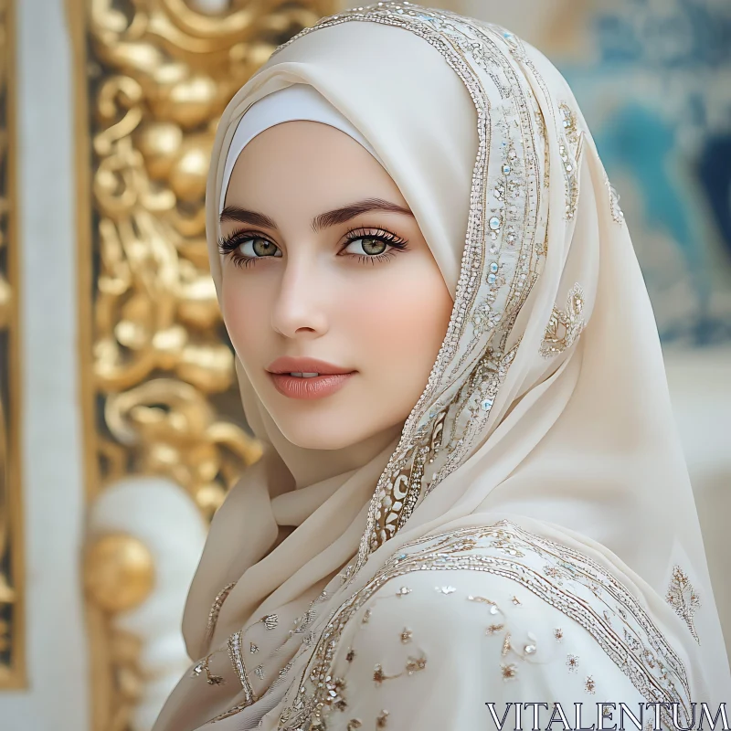 Serene Woman with Delicate Embroidered Headscarf AI Image