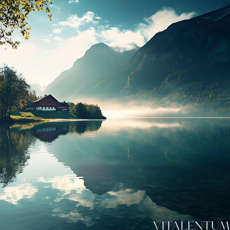 AI ART Tranquil Lake Scene with Mountain Reflections and Cabin