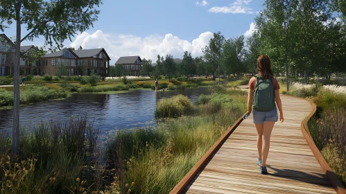 Winding Boardwalk in Nature near Modern Housing