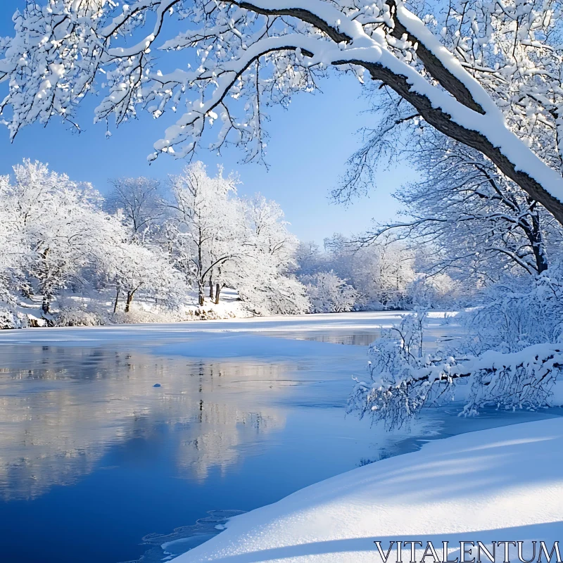 Serene Winter Landscape with Icy River and Snowy Trees AI Image