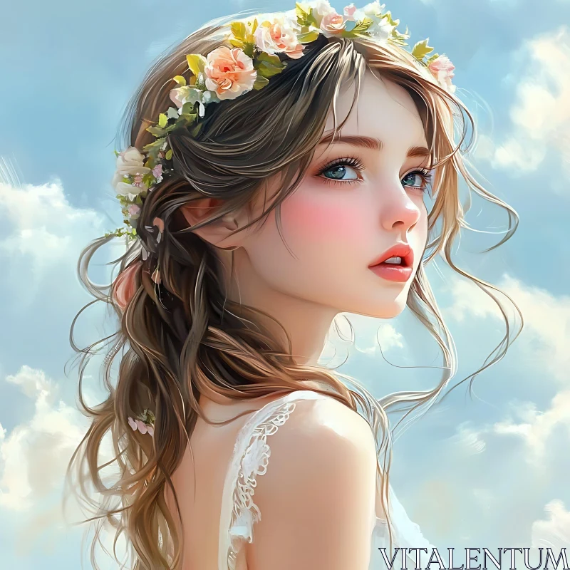 Elegant Flower-Crowned Woman Profile Against a Sky Elegant Flower-Crowned Woman Profile Against a Sky