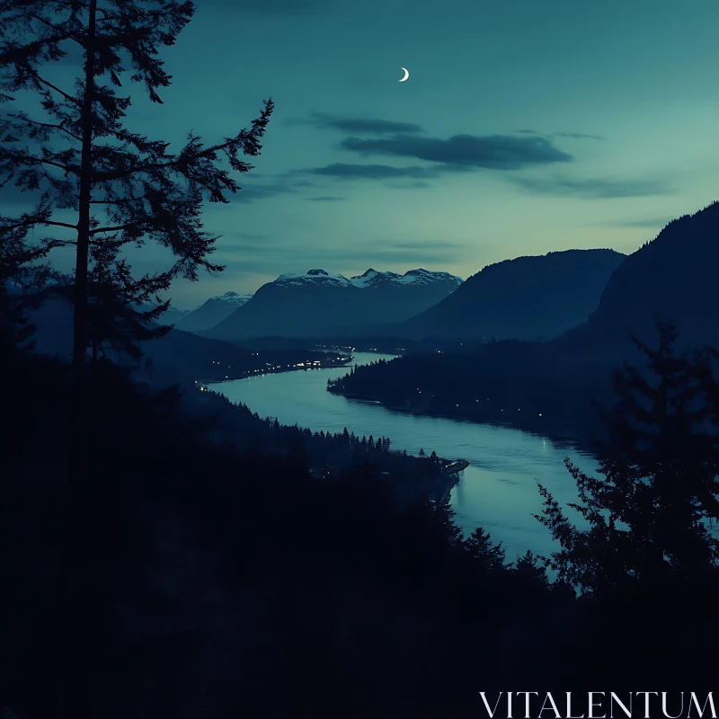 Peaceful Riverbend Under Crescent Moon Peaceful Riverbend Under Crescent Moon