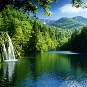 Tranquil Lake with Cascading Waterfall and Forested Mountains