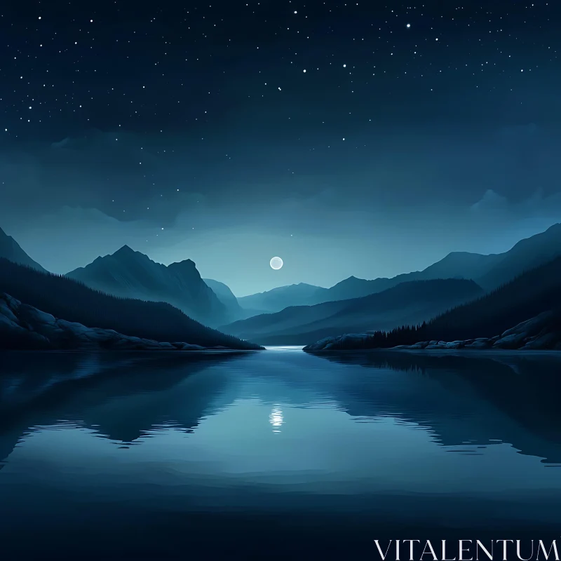 Peaceful Night Landscape with Starry Sky and Reflective Lake Peaceful Night Landscape with Starry Sky and Reflective Lake
