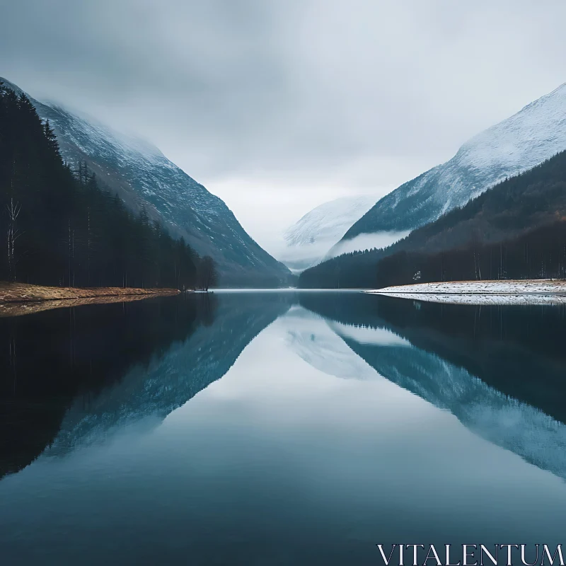 Tranquil Lake Amidst Fog and Snowy Peaks Tranquil Lake Amidst Fog and Snowy Peaks