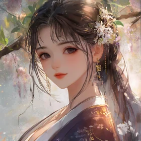 Serene Anime Portrait with Floral Embellishments