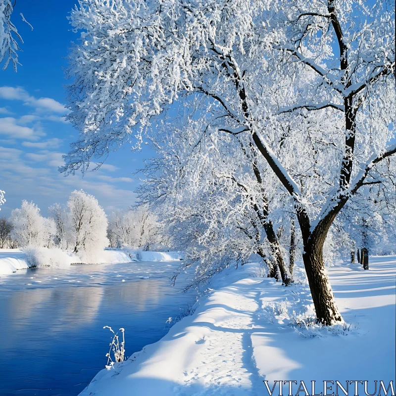 Tranquil Snowy Scene with Ice-Laden River and Bare Trees Tranquil Snowy Scene with Ice-Laden River and Bare Trees