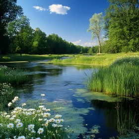 Tranquil River Landscape with Blossoming Wildflowers