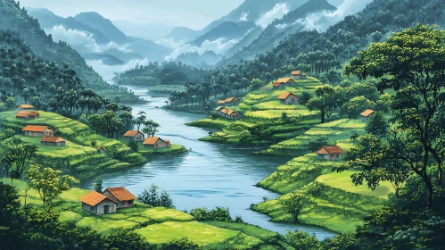 Peaceful Landscape with River and Traditional Houses