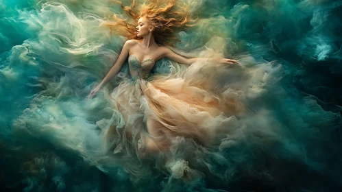Ethereal Floating Woman in Flowing Gown