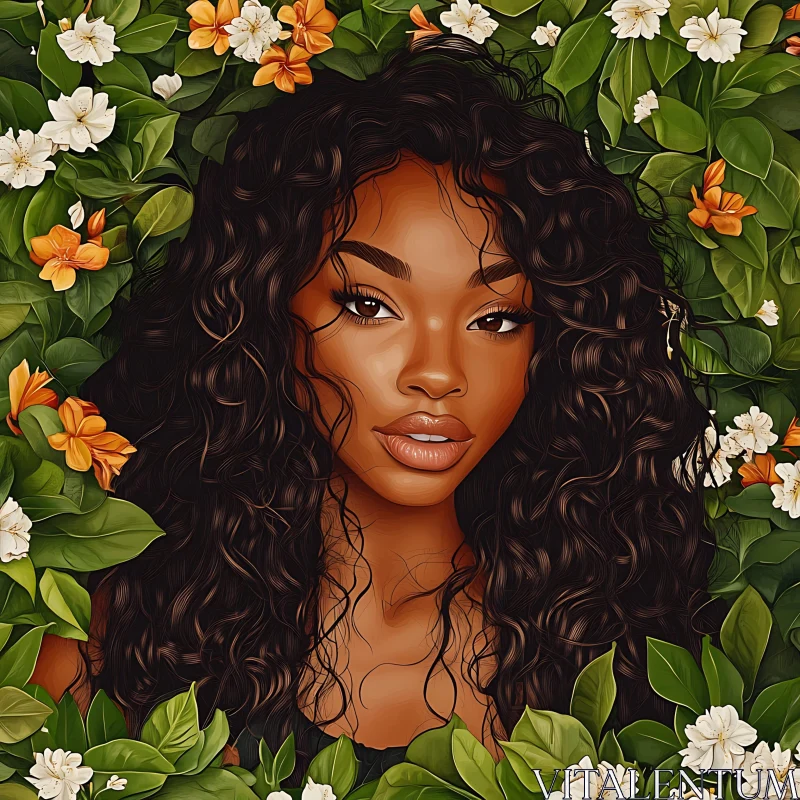 Floral Beauty: Woman with Curly Hair in Nature Floral Beauty: Woman with Curly Hair in Nature