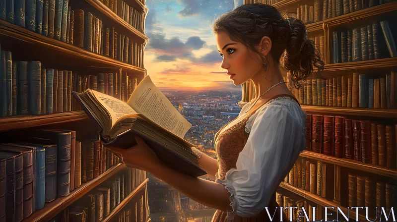 Woman Immersed in Book in Luminous Library Woman Immersed in Book in Luminous Library