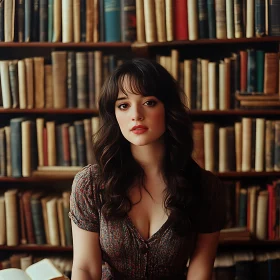 Serious Woman in Front of Bookshelves