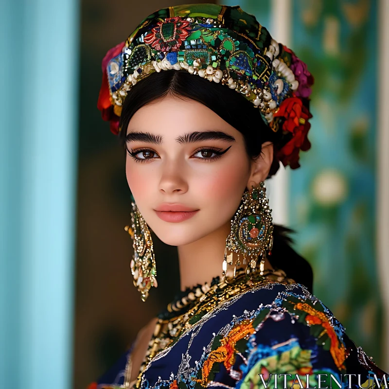 Beautiful Woman in Traditional Jewelry and Headdress Beautiful Woman in Traditional Jewelry and Headdress