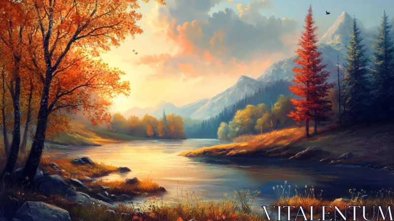 Serene River Flowing Through Mountains in Autumn Serene River Flowing Through Mountains in Autumn