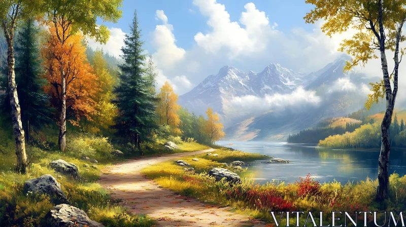 Peaceful Mountain Lake with Forest Path Peaceful Mountain Lake with Forest Path