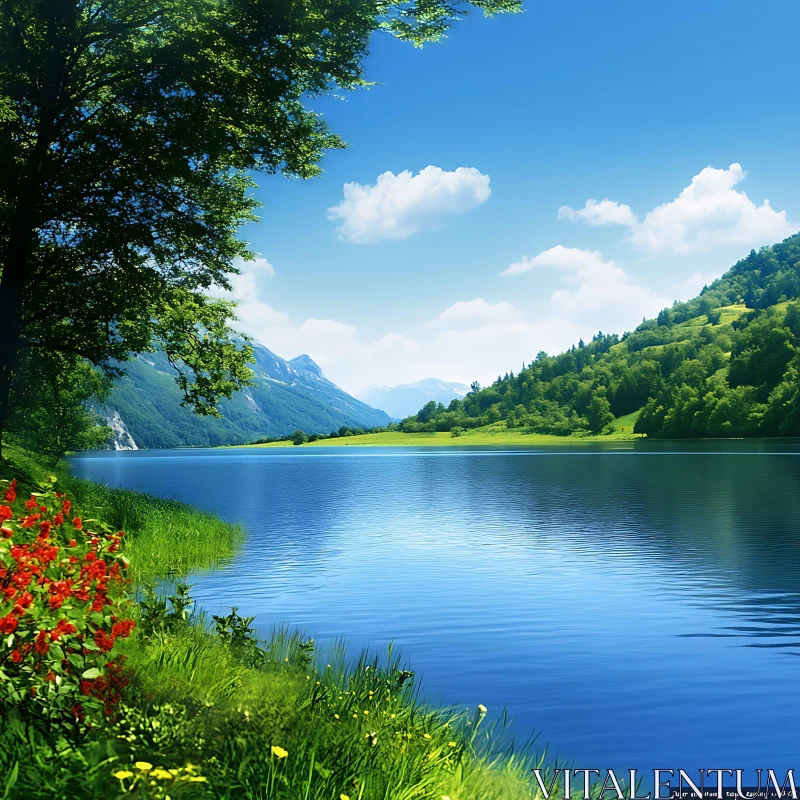 Peaceful Lake with Mountain Backdrop AI Image